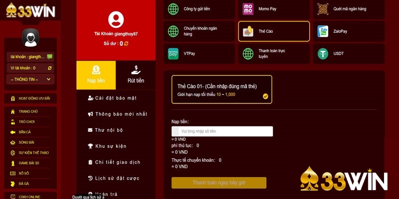 Nạp tiền 33win qua Momo được thực hiện khá dễ dàng